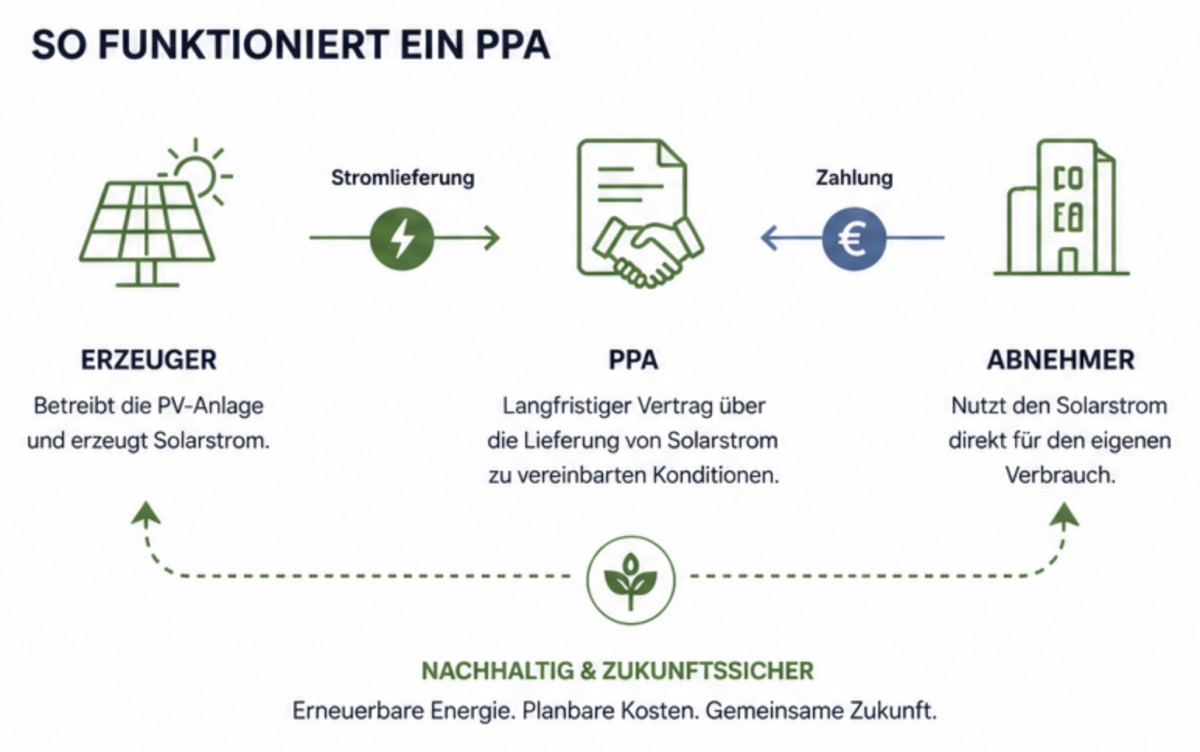 Photovoltaikanlage und Energieinfrastruktur fuer Stromdirektverkauf per PPA